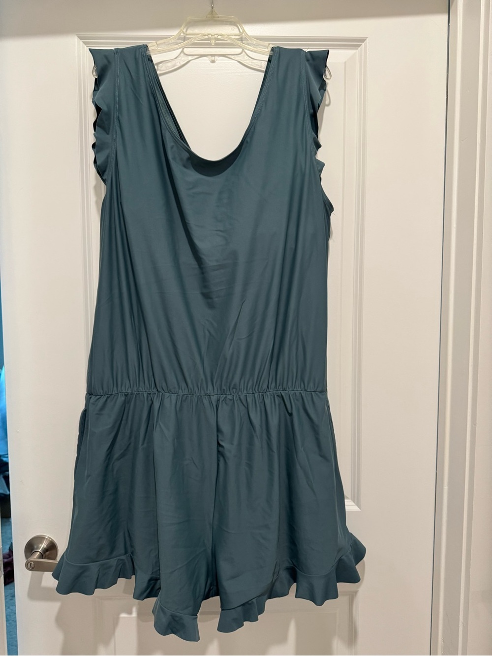 Honey Mark Ginger Swim Romper with Ruffle Hem in Juniper Blue - Picture 2 of 8